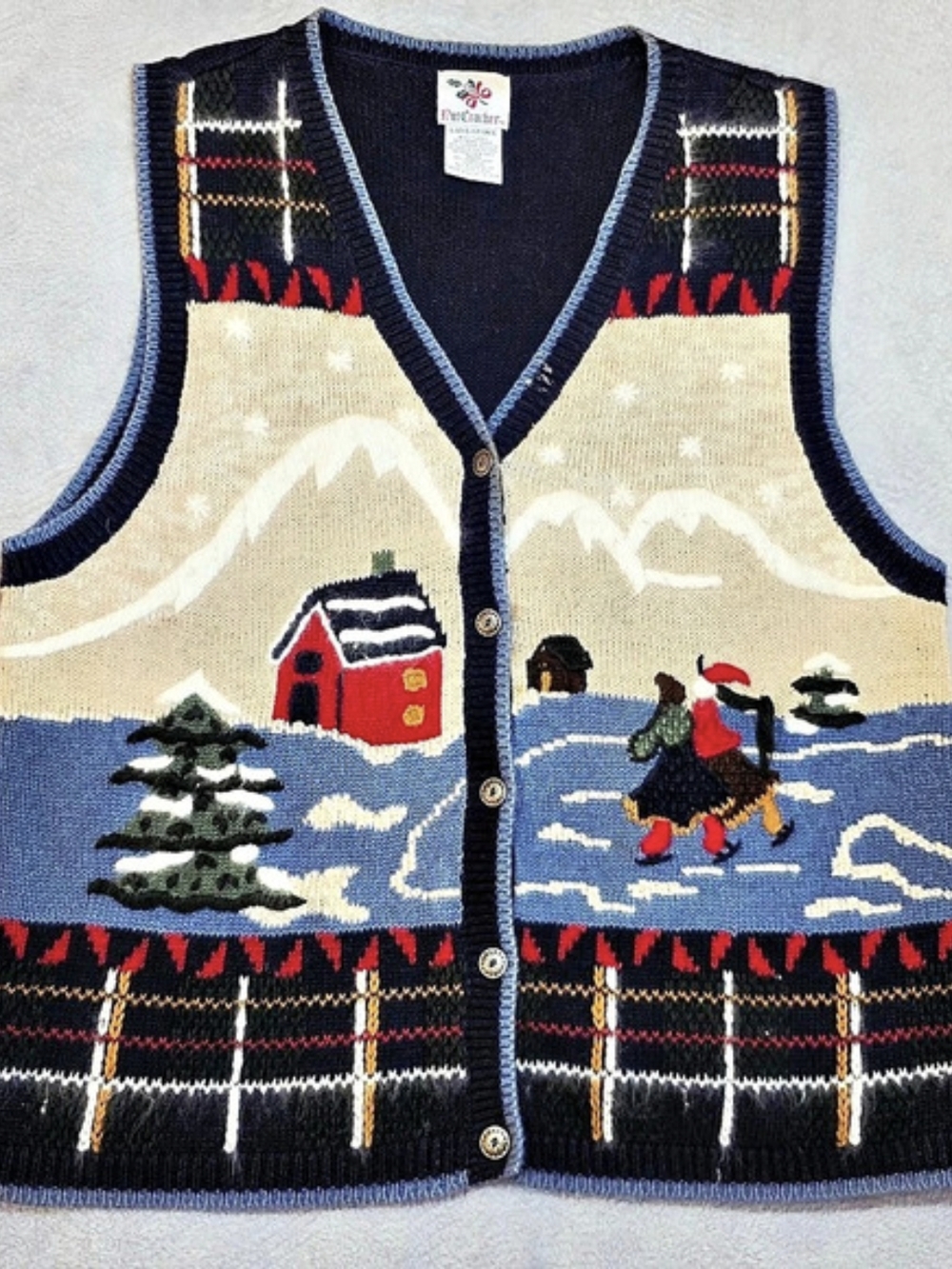 Vintage 80s 90s Christmas Sweater Vest Ice Skating Winter Scene Nutcracker Large